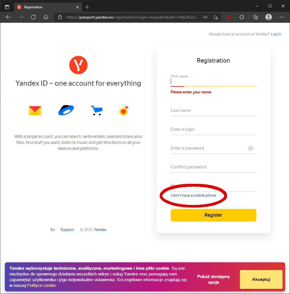 Yandex map - zakładanie konta krok 2