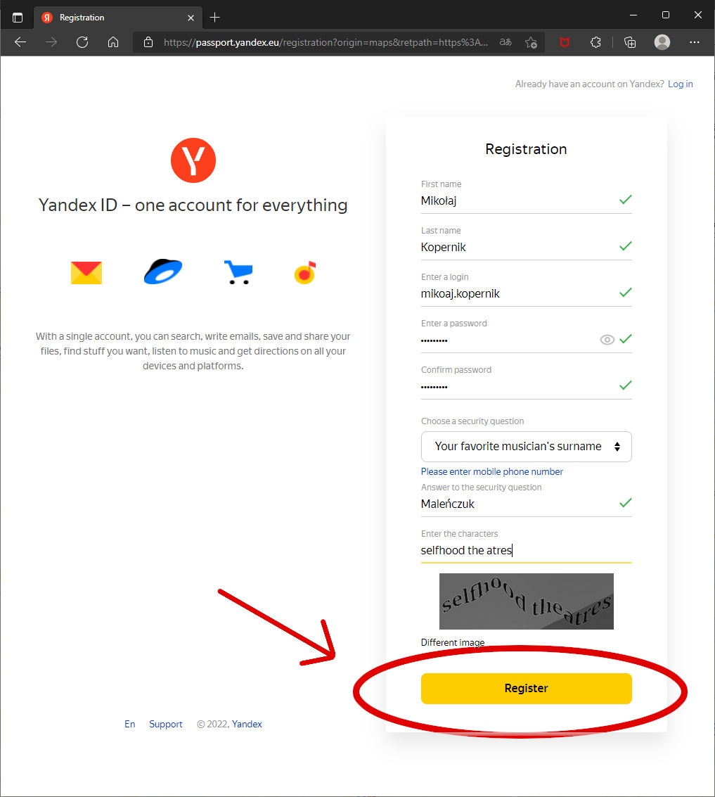 Zakładanie konta na Yandex map. Formularz zgłoszeniowy.